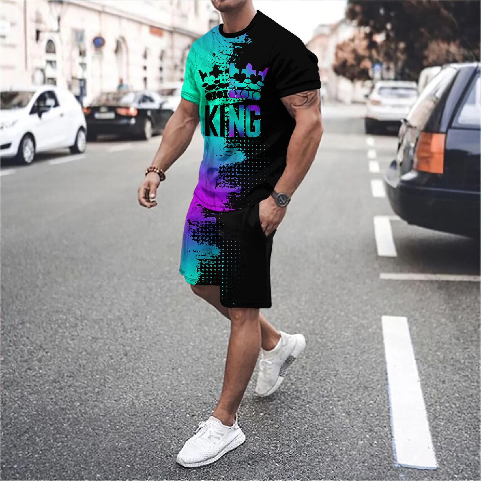 men's round neck short sleeved T-shirt and shorts set 3D smiling face letter patchwork fashionable casual basketball_voghion.com