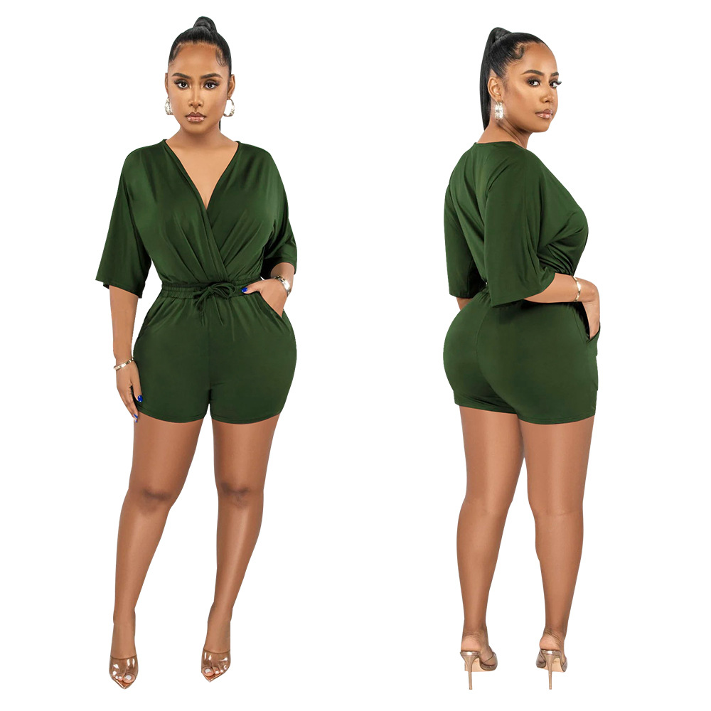Women's V-neck Jumpsuit Solid Colour Waist Casual Short Romper_voghion.com