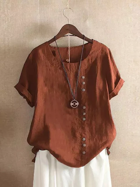 Hot selling Vintage Haruku Button T Casual Zomer Korte Mouw Katoenen Linnen Effen Losse Blouse Elegante Oversized T-shirt Streetwear_voghion.com
