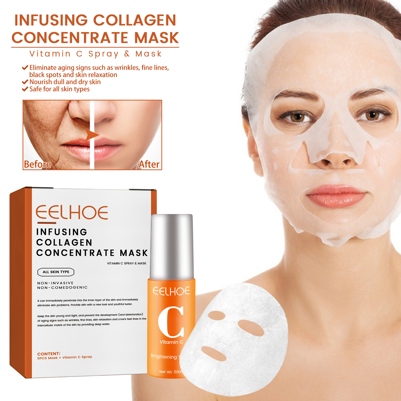 EELHOE Collagen Anti spray to remove darkness, brighten, firm skin, anti aging and moisturizing facial mask_voghion.com