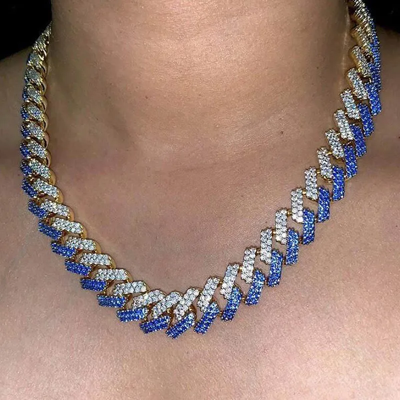 Collier ras du cou en zircone cubique bicolore violet et blanc de 15 mm avec chaîne à maillons cubains Miami glacé, style hip-hop, bijoux pour femmes_voghion.com