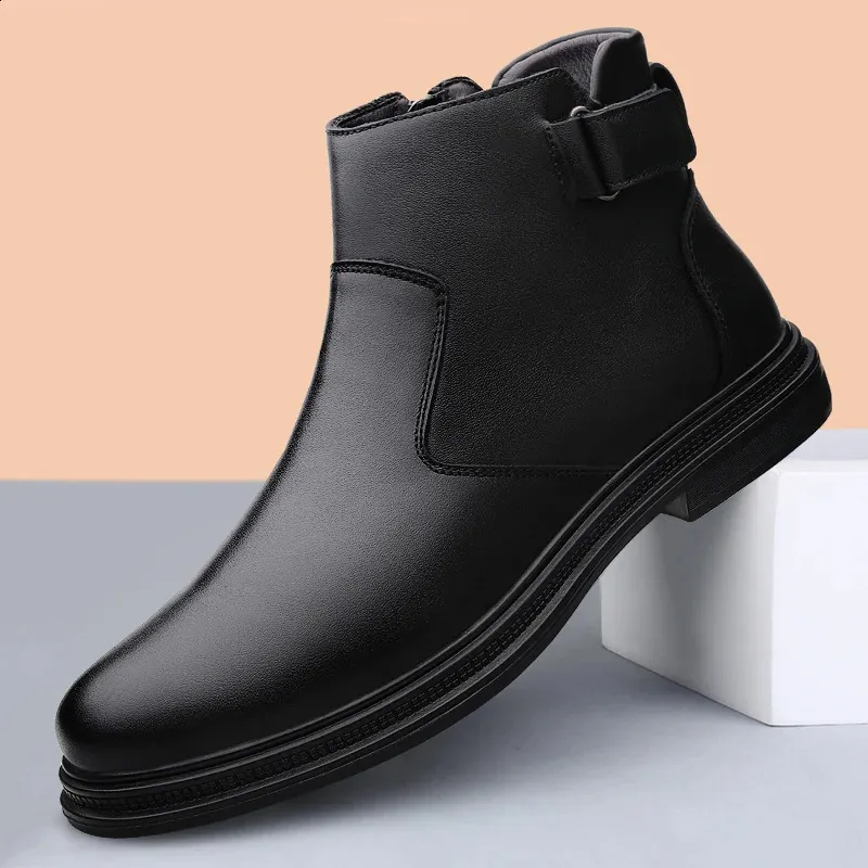 Lederknöchel formelle Kleidung Herren Basic warme Pelz Winterschuhe rutschfeste Plateau-Schneestiefel 240930_voghion.com