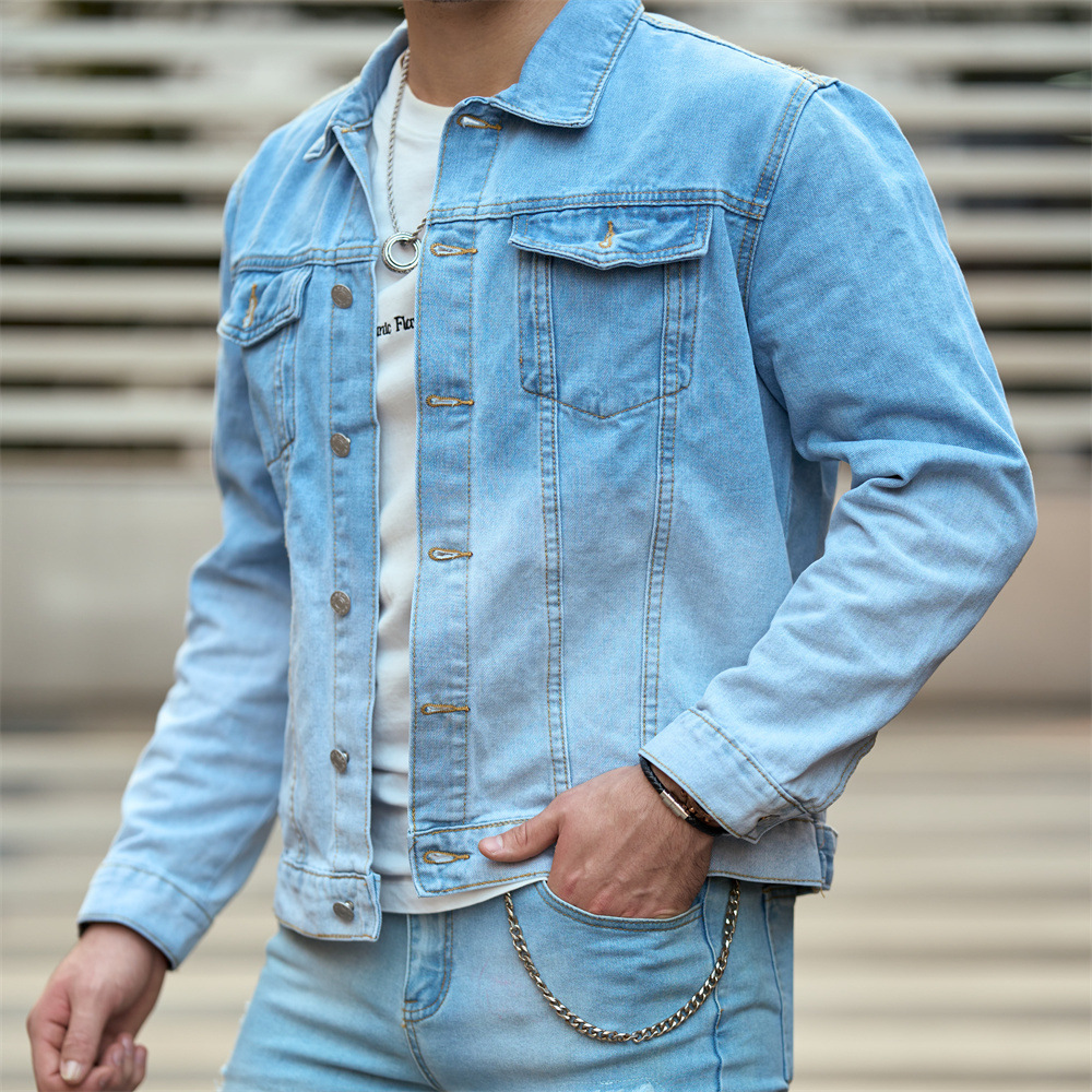Jachetă casual din denim, top bărbătesc nou, lejer și de toamnă, ținută de primăvară, tendință din denim cu guler pătrat_voghion.com
