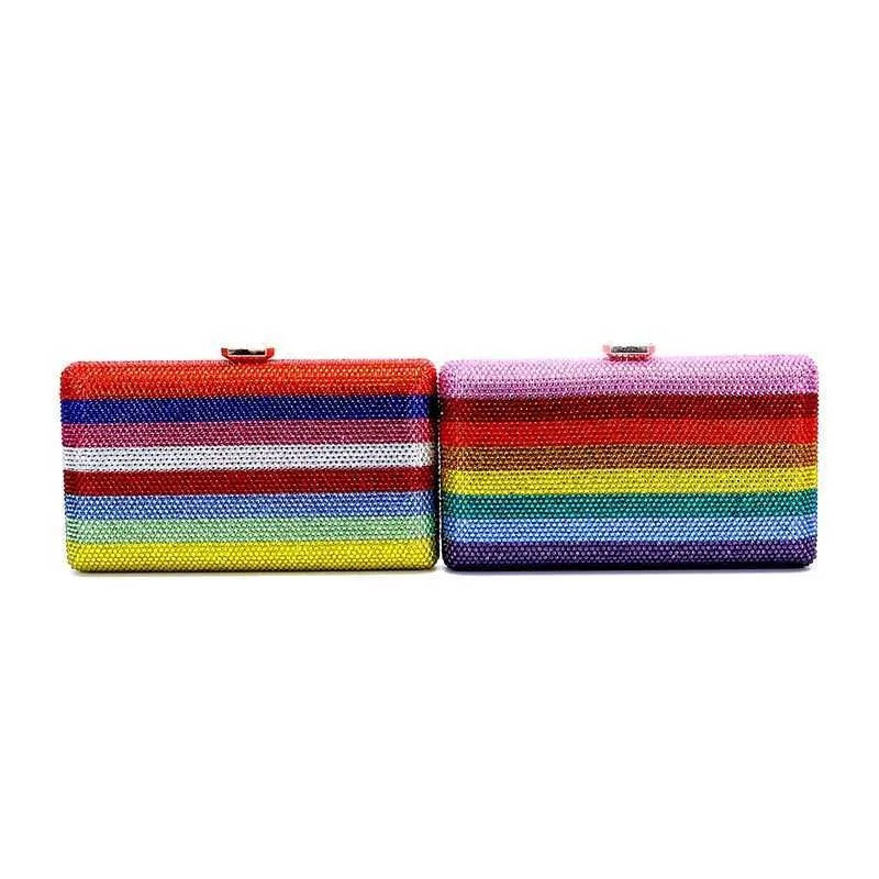 Neuestes Design Damen Rhie Handtasche Hochzeitsbankett Geschenk Kristall mehrfarbig gestreift Regenbogen Dia Abendessen Tasche Y241019_voghion.com