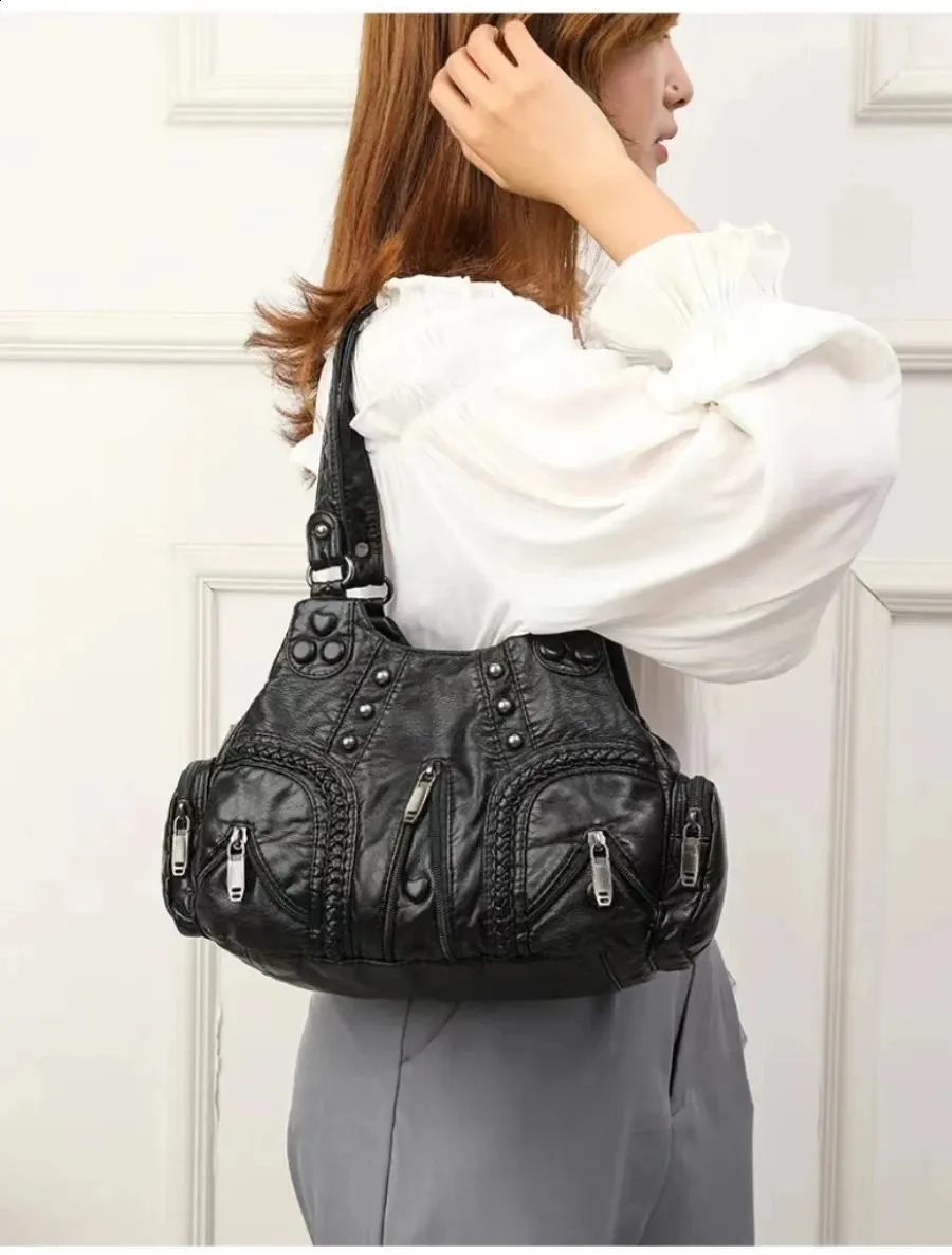 Y2K Donna Vintage Punk Spalla Goth Moda Grande Capacità Borsa Tote Morbida Pelle PU Borsa Rivetto Moto Crossbody_voghion.com