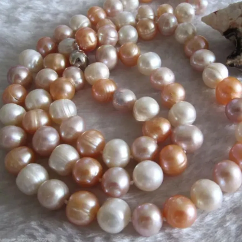 Collier noué à la main en chaîne avec perles d'eau douce naturelles blanches et roses de 10 à 11 mm, chaîne de pull presque ronde de 32 pouces_voghion.com