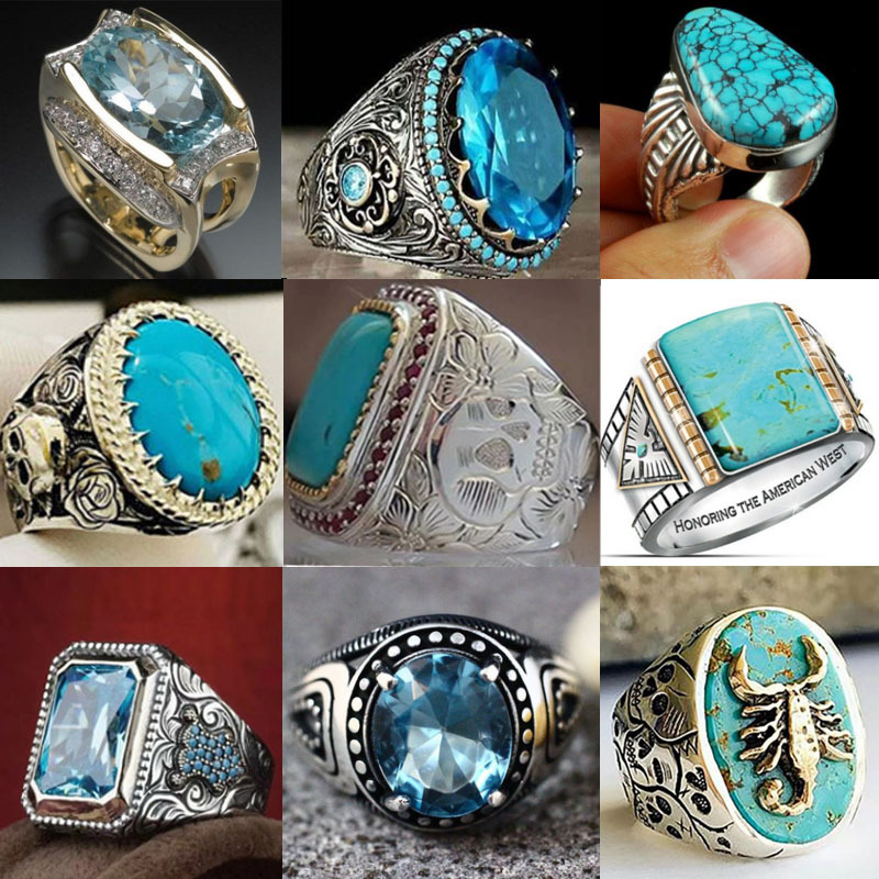 Hot Selling Retro Jewelry Egg Shaped Navy Blue For Men's Fashionable And Minimalist Carved Pattern Ring