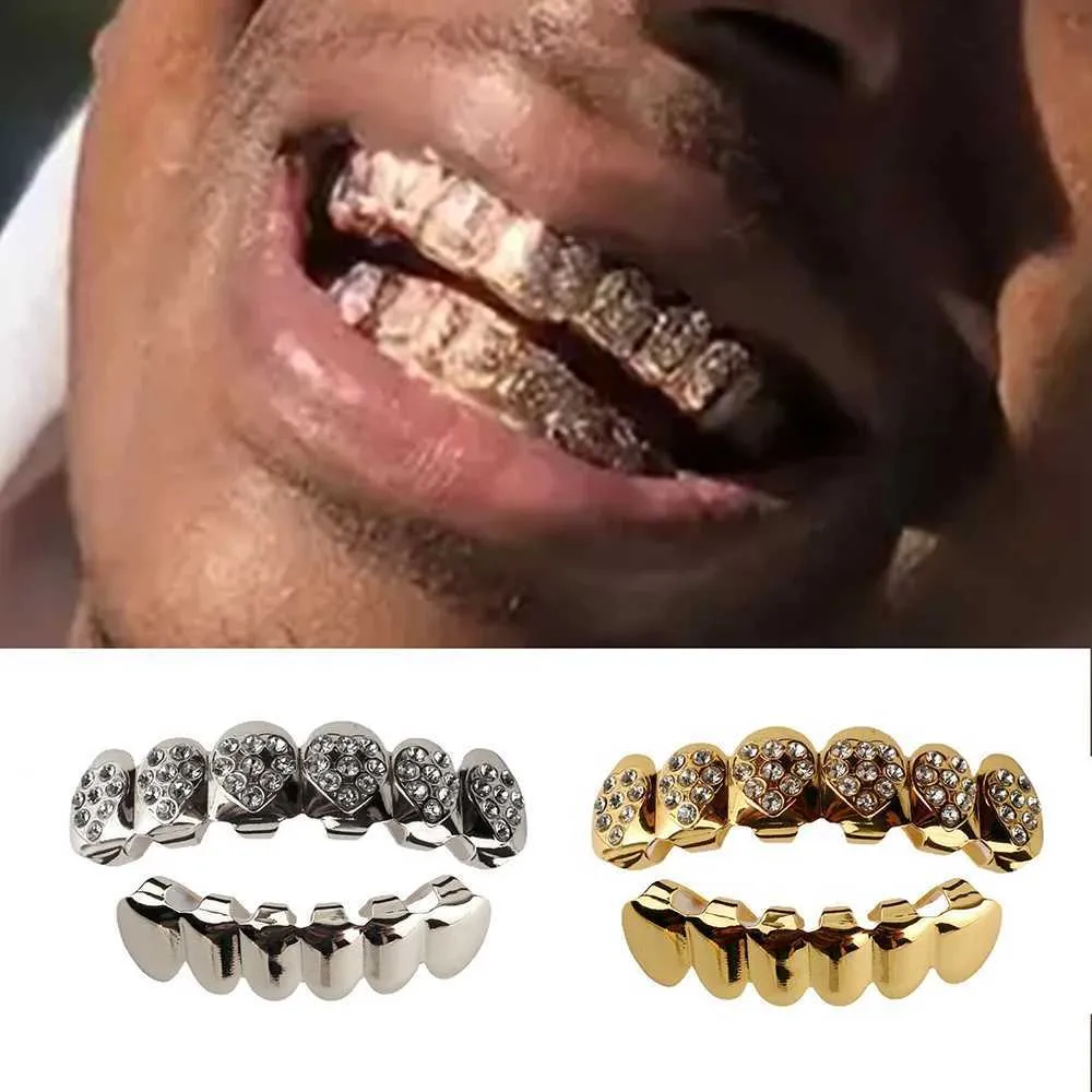 YOUNGX Hip Hop Heart Zircon Teeth Grillz Braces Gold Color Top Bottom Glossy CZ Stone Tooth Caps For Women Men Jewelry_voghion.com