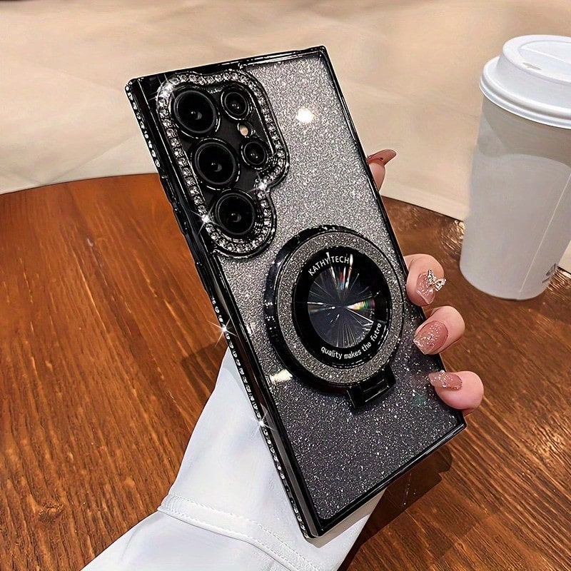 1pc Luxury Plating Gradient Glitter Diamond Stand Holder Phone Case For SamsungS24 S25 Ultra S23 Ultra S22 Ultra S23 Protective Shockproof Cover_voghion.com