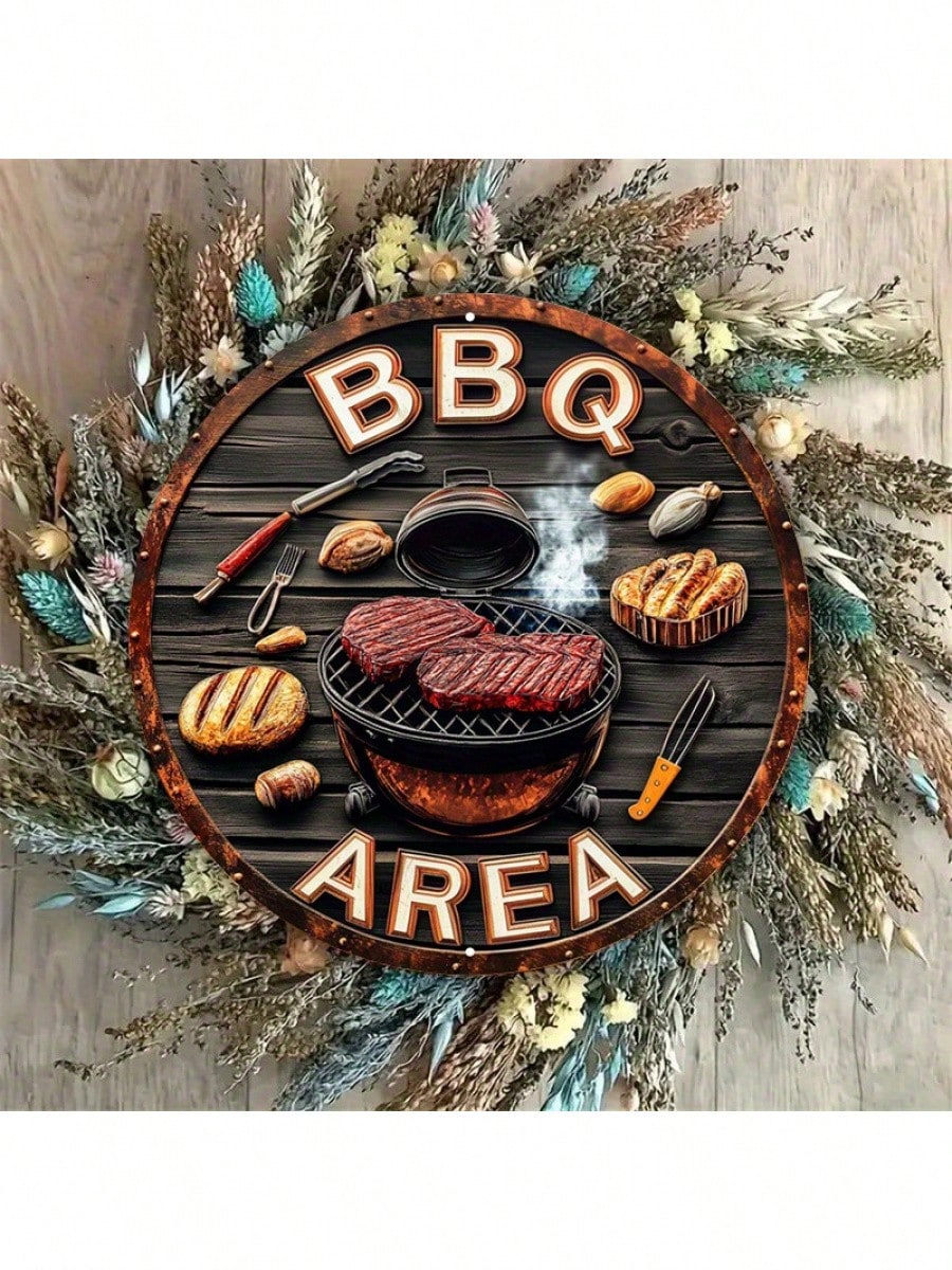 Wooden Barbecue Area,Vintage Barbecue Wall Art, Featuring Outdoor Decorations With Steak And Tool Images, Retro Bar/Cafe/Backyard Terrace Accessories_voghion.com
