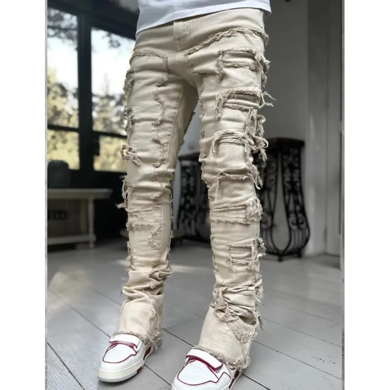 E15E Herren Stacked Jeans Fit Zerrissene Destroyed Gerade Jeanshose Vintage Hip Hop Hose Streetwear 240415_voghion.com
