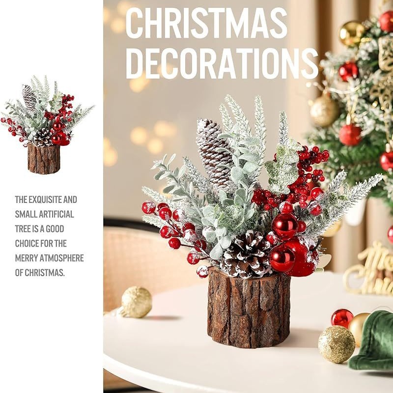 Christmas Mini Desktop Tree With Wooden Bucket Base Festive Holiday Decor For Home Office Party (30cm PE Bark Multiple Styles)​