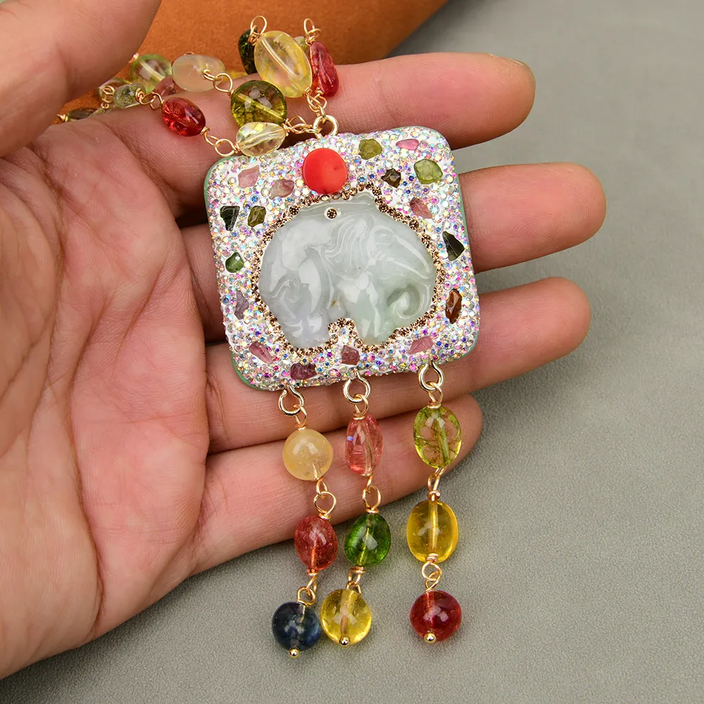 Pendant Necklaces GG Jewelry 2 Rows Mix Color Natural Crystal Smooth Net Stone Necklace Jadeite Carved Elephant_voghion.com