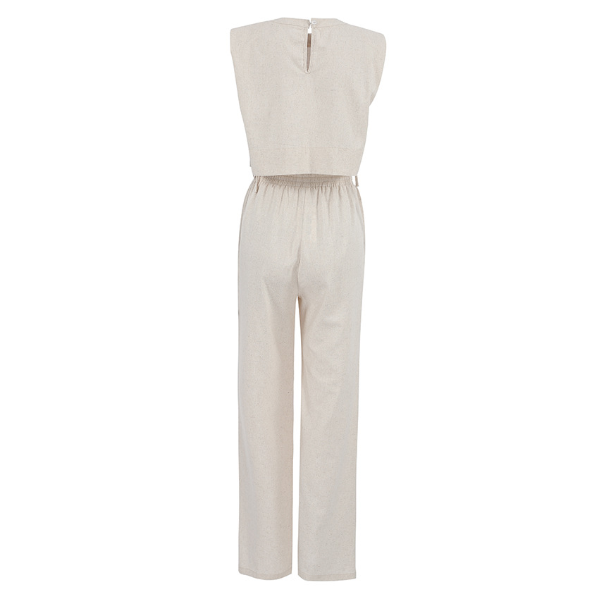 Women's Clothing Fashion cotton and linen suits style shoulder pad sleeveless tops and trousers two-piece suits_voghion.com