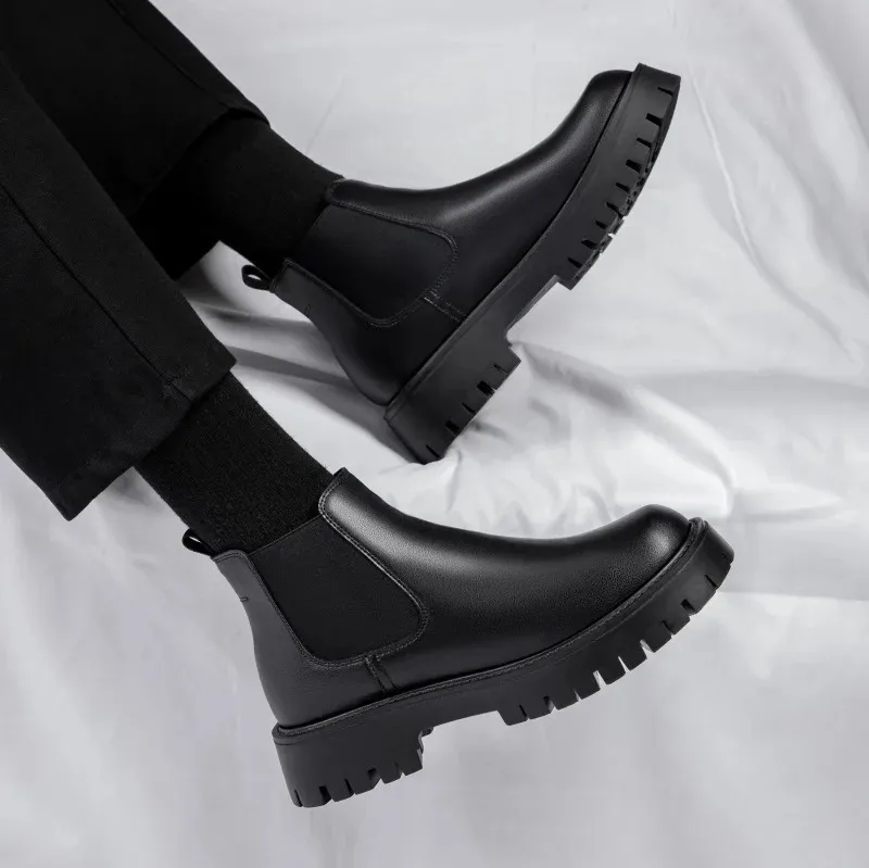 Scarpe da lavoro impermeabili con suola spessa da uomo in stile britannico, moda casual, classiche, in pelle, comode, con punta tonda e punta alta_voghion.com