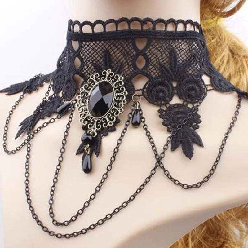 Collane con ciondolo Halloween Clavicola Catena Bella Cristallo Nero Pizzo Collo Collana Collare Per Ragazza_voghion.com
