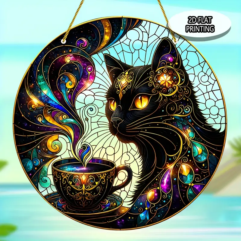 8x8in Black Cat Suncatcher - Colorful Acrylic Window & Wall Decor For Home, Garden & Wreaths_voghion.com