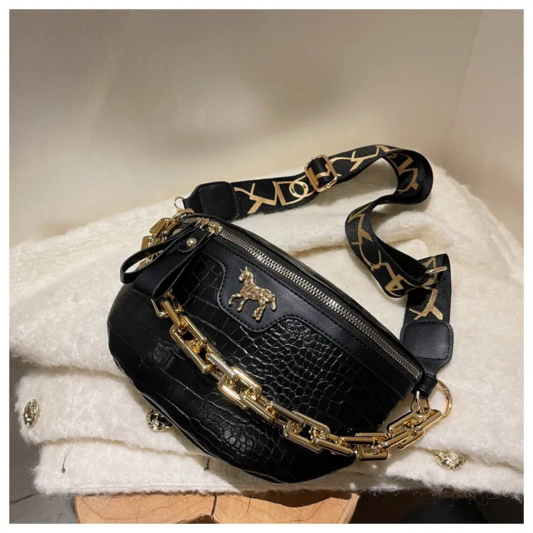 Thick Chain Women's Waist Fanny Pack Fashion Crossbody Chest Bags Female Belt Crocodile Shoulder Bag_voghion.com