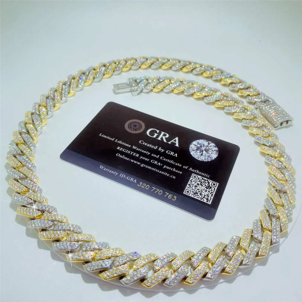 Custom Gold Plated Two Tone Miami Link 14mm 2 Row Vvs Moissanite Cuban Chain Bracelet Pass Diamond Test Men Necklace_voghion.com
