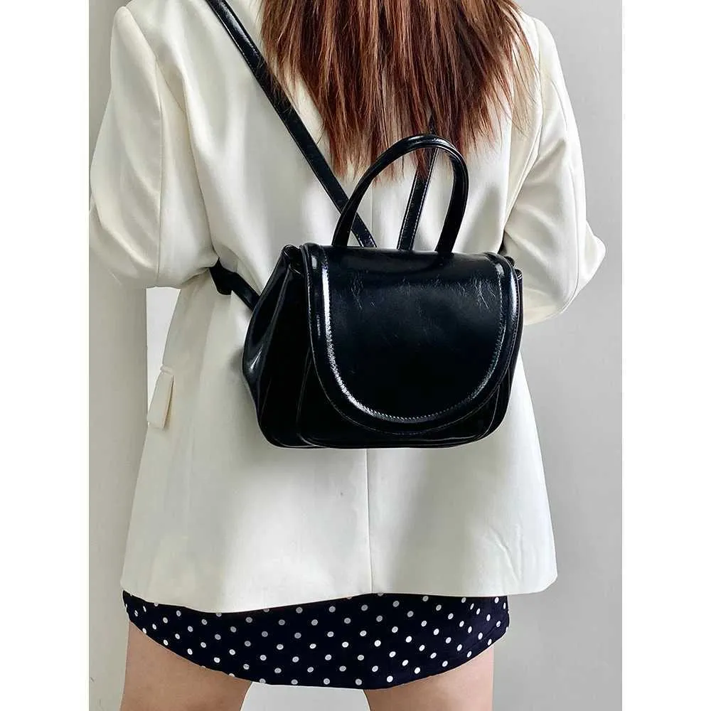 Elegant Black Backpacks Women Solid Leather Flap Shoulder Pack Large Capacity Female Commute Handle Bags College Pu_voghion.com