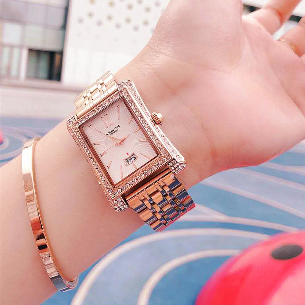 Orologio da donna per coppia, nuovo, alla moda, quadrante quadrato, calendario, cinturino in acciaio di precisione con inserto in diamanti, impermeabile e_voghion.com