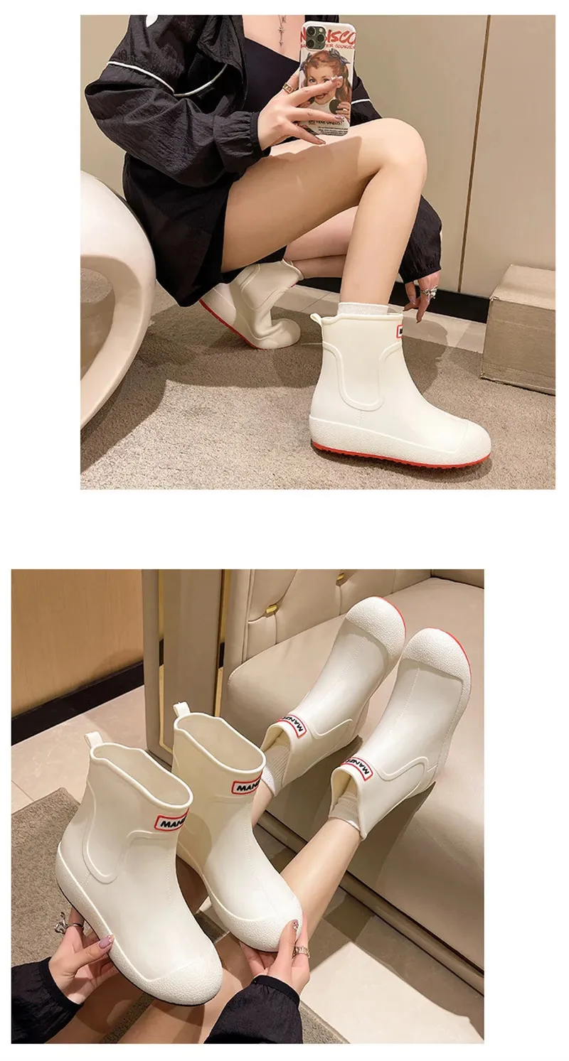 Solide Herrenmode Regenstiefel Gummi Casual Ankle Bootie Rutschfeste Watschuhe für Damen Warme Regenschuhe zum Spazierengehen auf der Straße 2_voghion.com