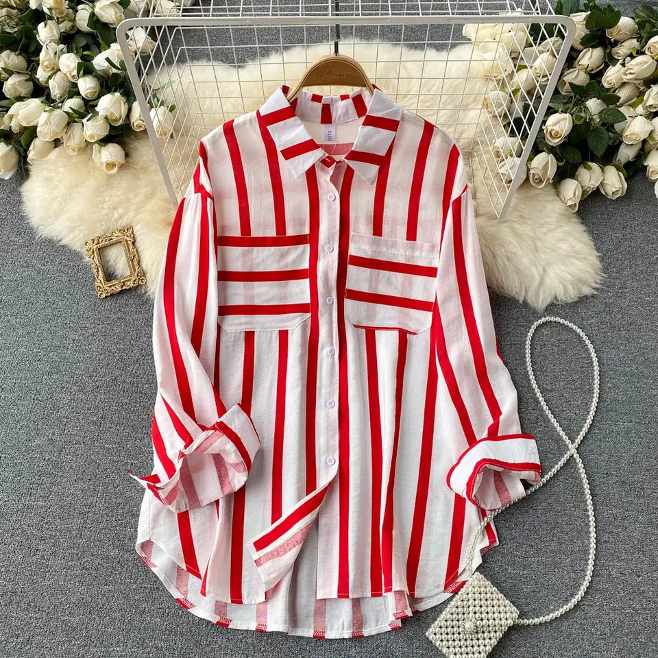 Women's Korean Style Casual Loose Top Summer Spring Autumn New Mid-Length Vertical Stripe Multicolor Shirt Jacket _voghion.com