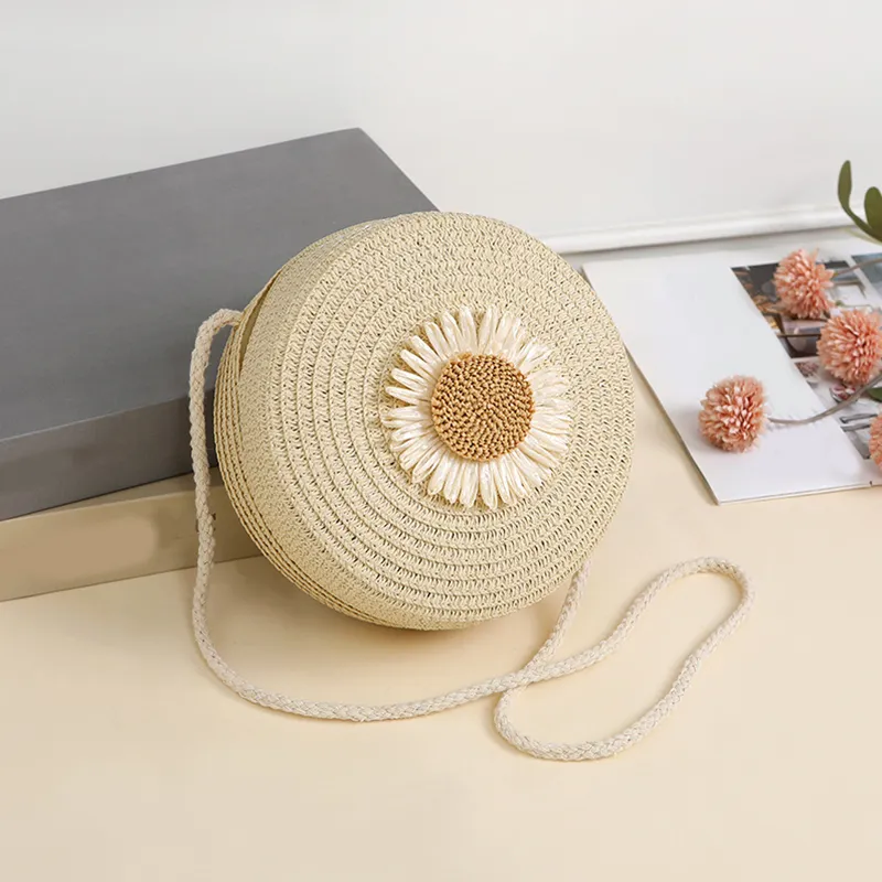Borsa a tracolla da spiaggia intrecciata in paglia con fiori rotondi per donna, borsa a tracolla in rattan lavorata a mano e lavorata a maglia, colore caramella_voghion.com