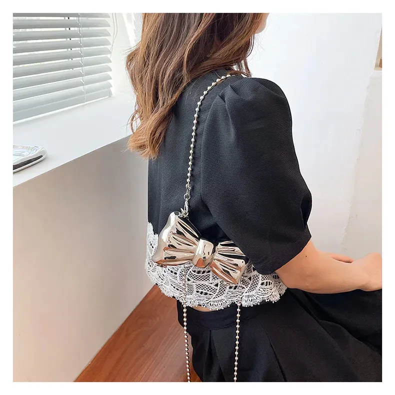 Borsa a mano con catena lunga in oro e argento con fiocco, da sera, da donna, con manico superiore in conchiglia, borse e borsette da festa per matrimonio 241212_voghion.com