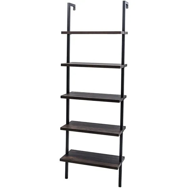 5-Shelf Wood Ladder Bookcase With Metal Frame Industrial 5-Tier Modern Ladder Shelf_voghion.com