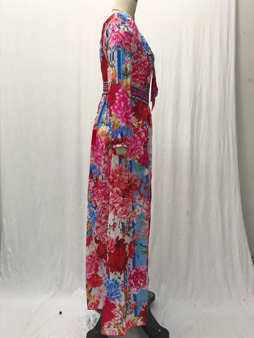 Dress Printed V-neck Retro Long Sleeve Swing Slit Long Dress_voghion.com
