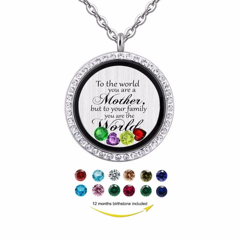 Pendant Necklaces Jewelry Gift For Mom Mother Is The World Engraved Magnetic Floating Locket Birthstones Charm Necklace_voghion.com