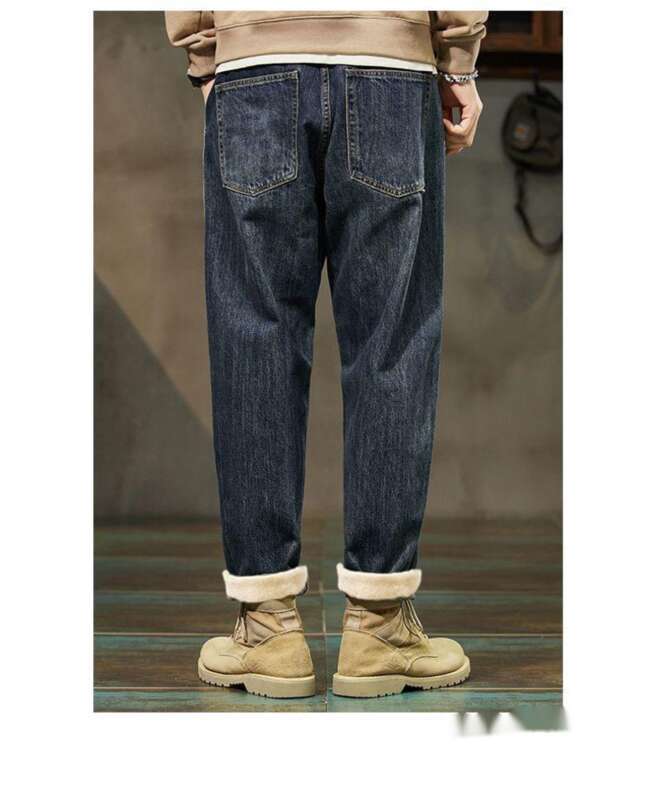 Herr jeans med fleecefoder lösa vinterbyxor arbetsbyxor stil_voghion.com