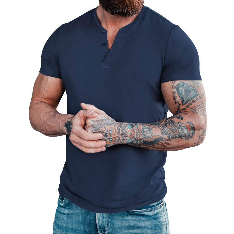 2023 Neues Sommer-T-Shirt für Herren, lässig, einfarbig, kurzärmelig, Rundhalsausschnitt, Pullover, Knopfleiste, Henley-Shirt_voghion.com