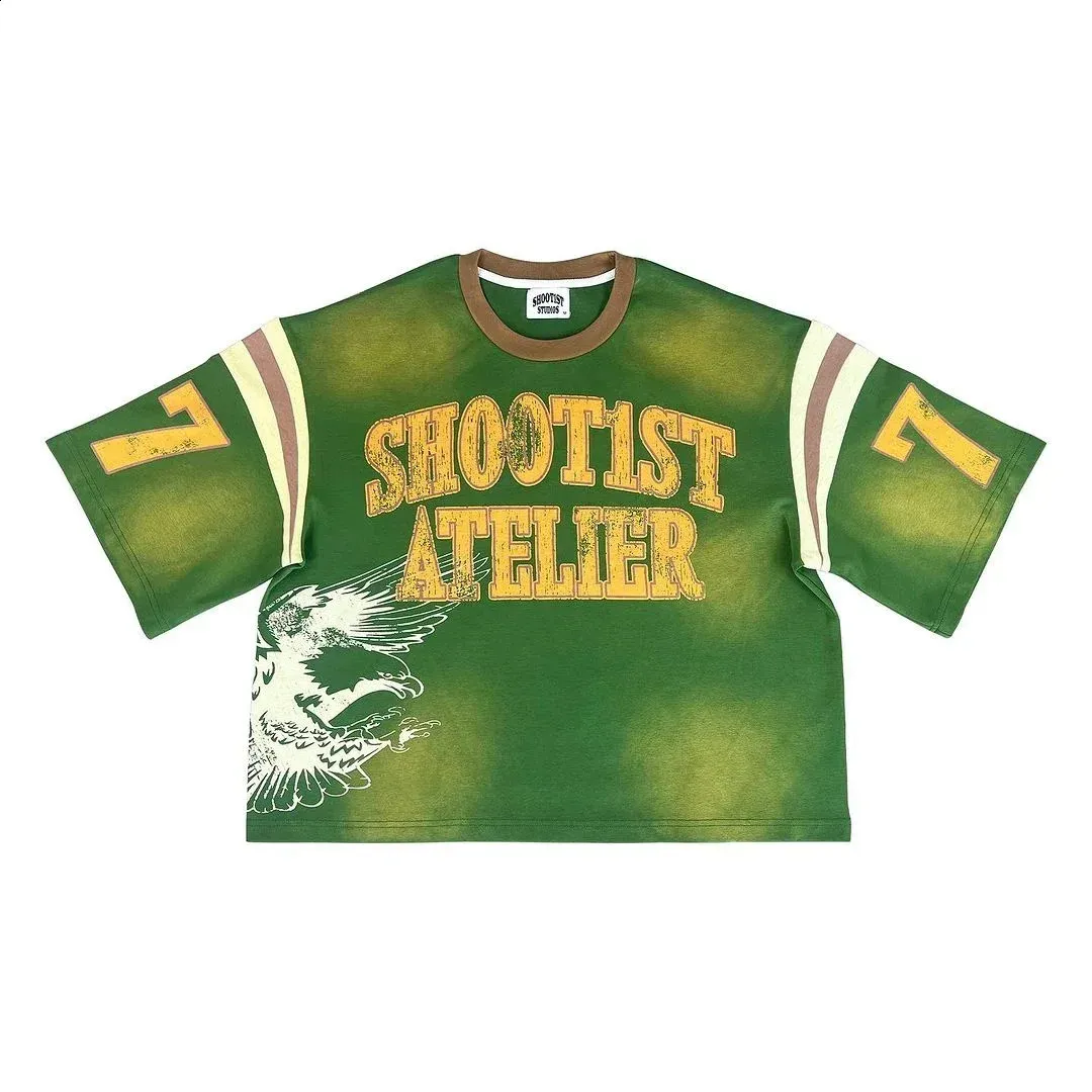 Maglietta da uomo in puro cotone con scollo rotondo verde, estiva, con stampa grande, stile street hip-hop, stile Y2k, casual, oversize 241230_voghion.com
