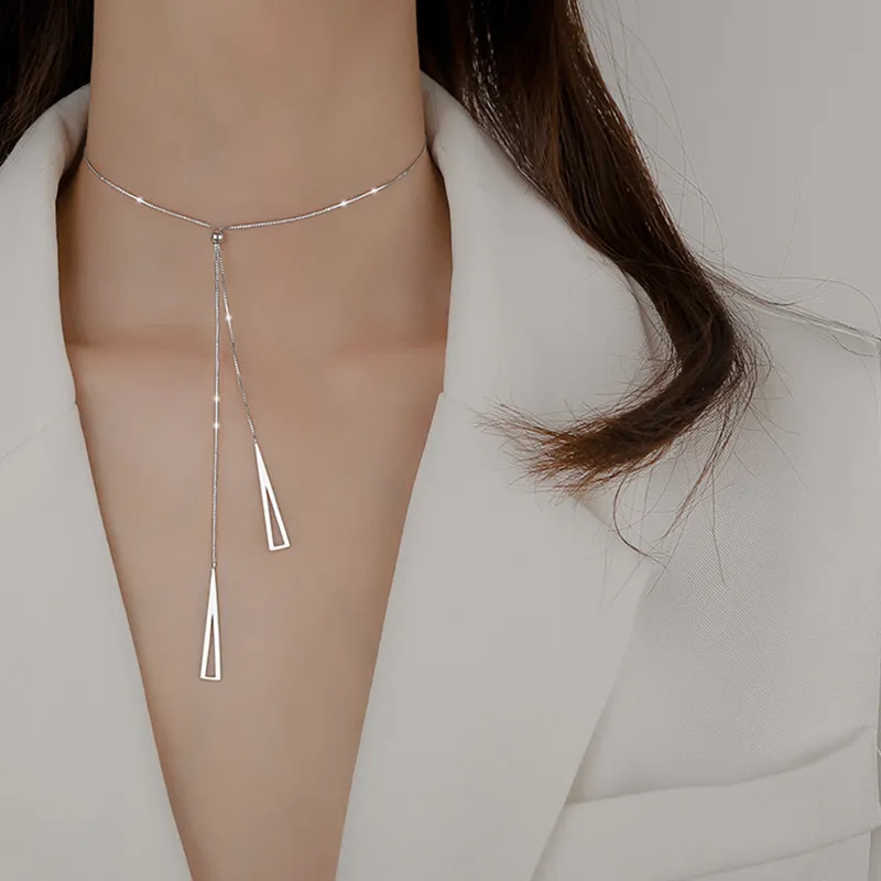 Chains Triangular Geometric Adjustable Pull Pendant Necklace Long Tassel Sweater Chain Y-Shaped Minimalist Elegant_voghion.com