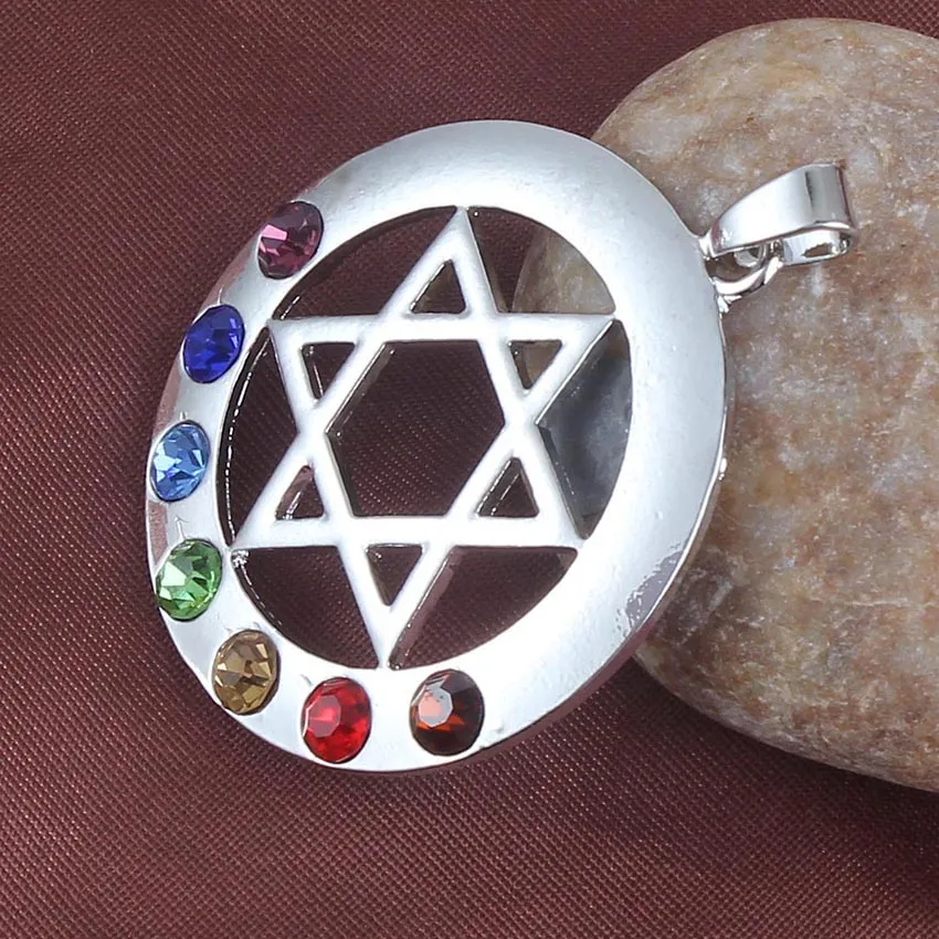 Colliers pendentifs Xinshangmie plaqué argent étoile de David amulette ronde bouclier de protection Reiki 7 cristal strass Chakra_voghion.com