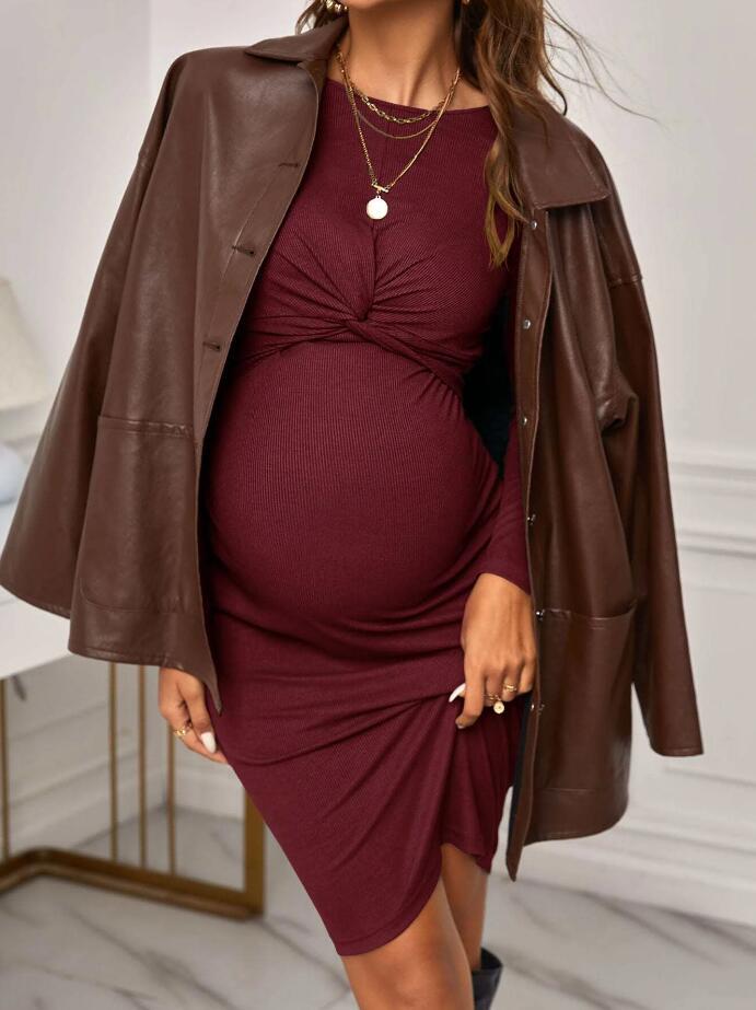 Robe tricotée à manches longues et col rond, tenue de maternité courte de couleur unie, ajustée_voghion.com