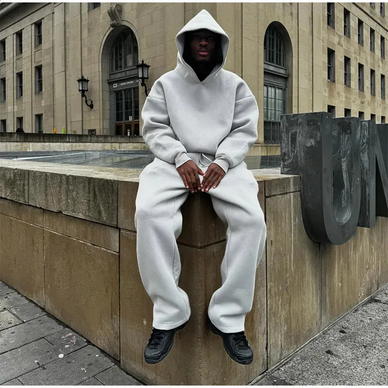 Felpa con cappuccio e pantaloni della tuta larghi casual da uomo, 2 pezzi, set da jogging autunnale 240809_voghion.com