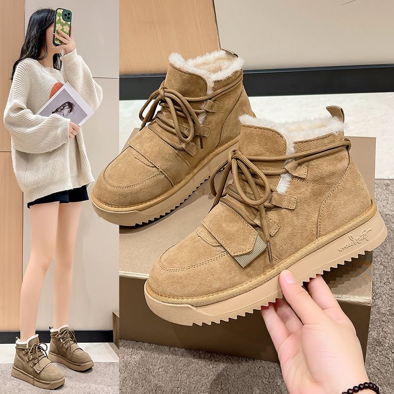 Schneestiefel für Damen, lässig, mit Schnürung, plus warme Plateaustiefel mit dicker Sohle, hoher Schaft und niedriger Schaft_voghion.com