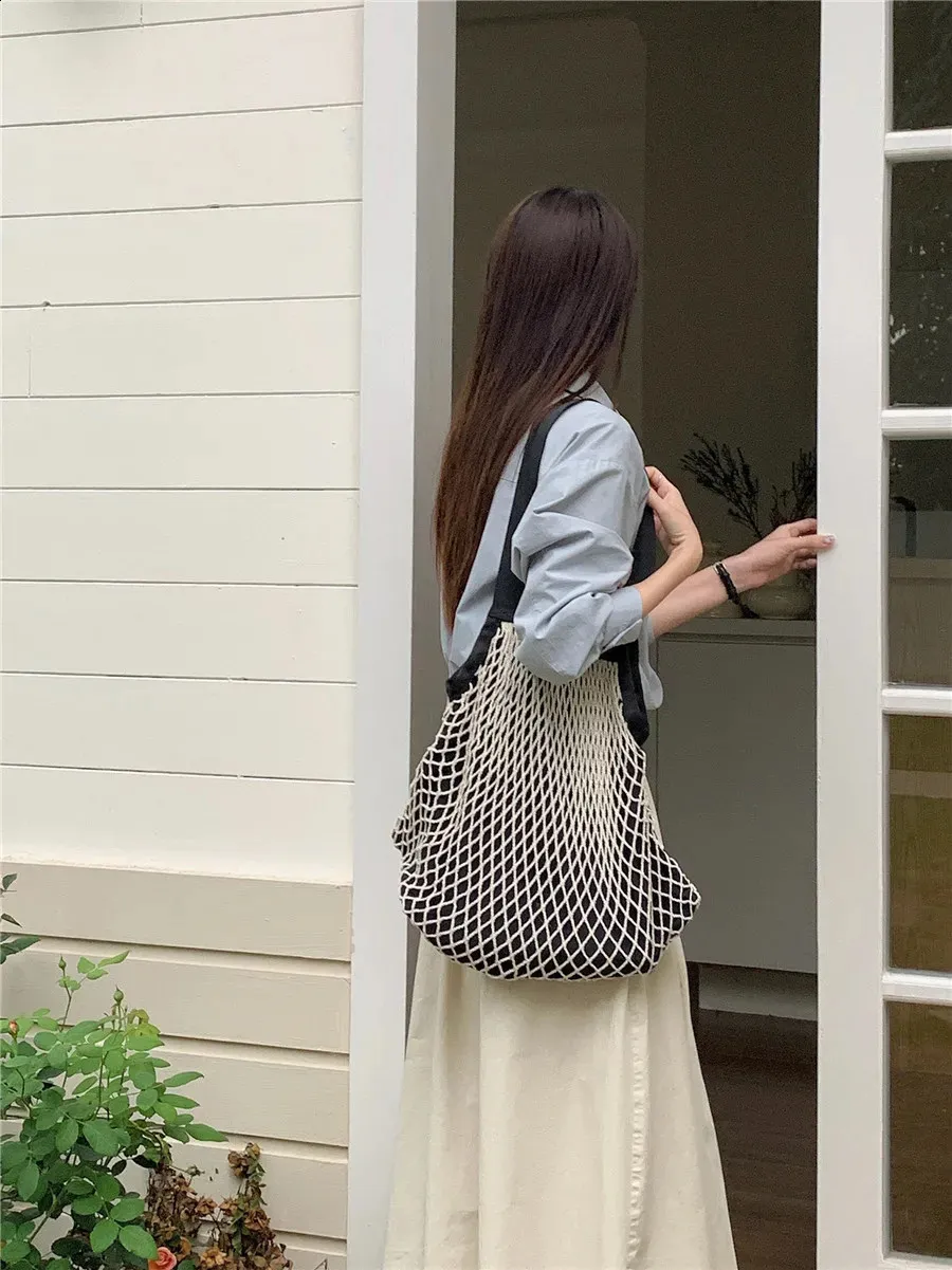 Borsa a rete intrecciata alla moda per donna, borsa a tracolla casual da donna, grande capacità, grande tote bolsa 240823_voghion.com