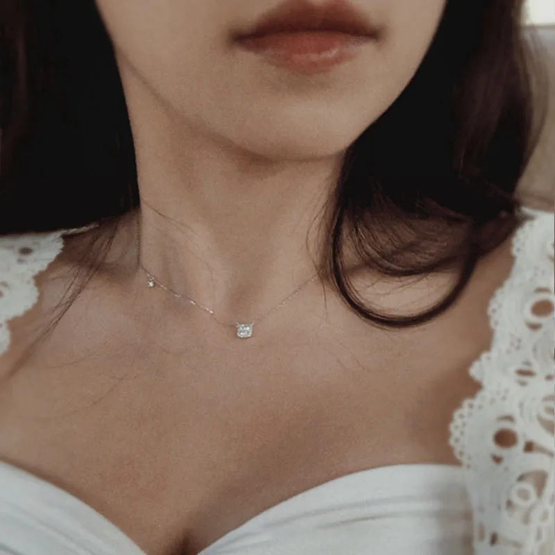 Collier avec pendentif en argent sterling et diamant carré pour femme, chaîne de clavicule simple et brillante, bijoux de mariage_voghion.com