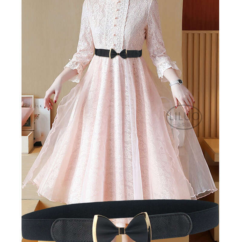 Elastischer Damen-Gürtel mit dekorativer schmaler Schleife, passend zu Kleid, Mantel, Anzug, schwarzer Bund, trendig_voghion.com