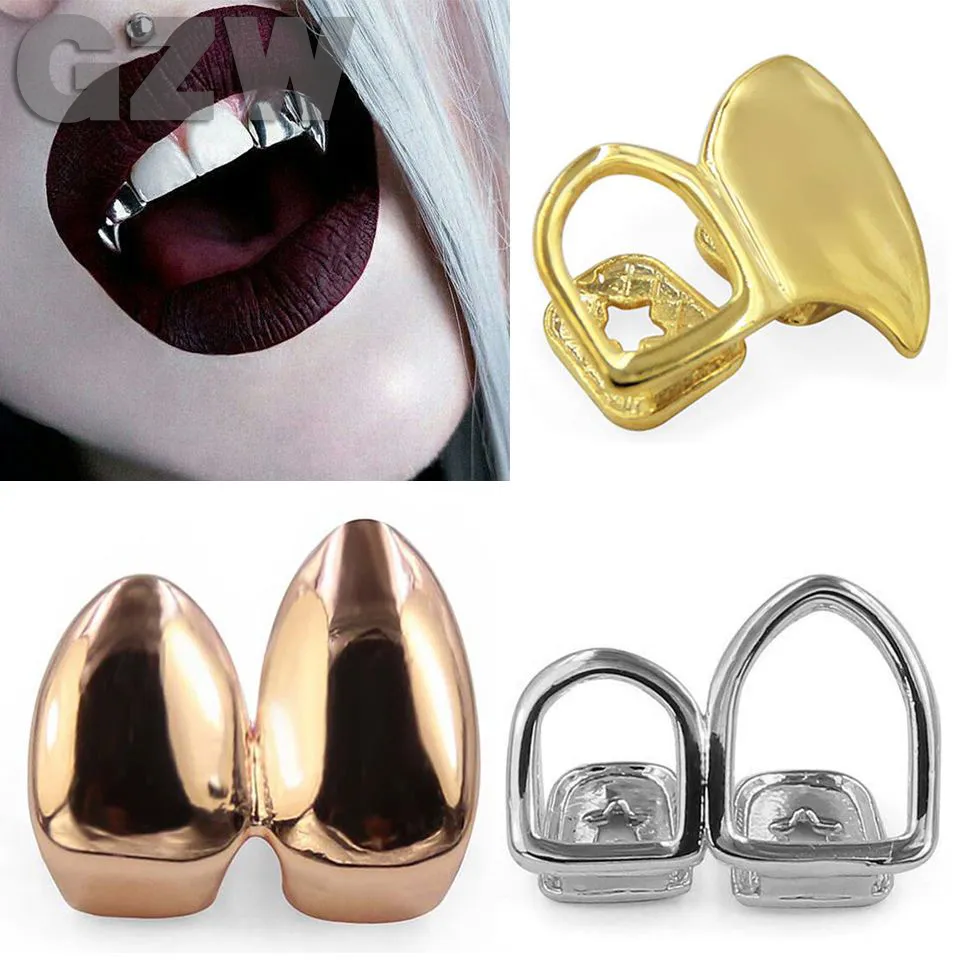 Real Gold Grillz Braces Plain Punk Hip Hop Double Teeth Dental Mouth Fang Grills Tooth Cap Cosplay Halloween Costome