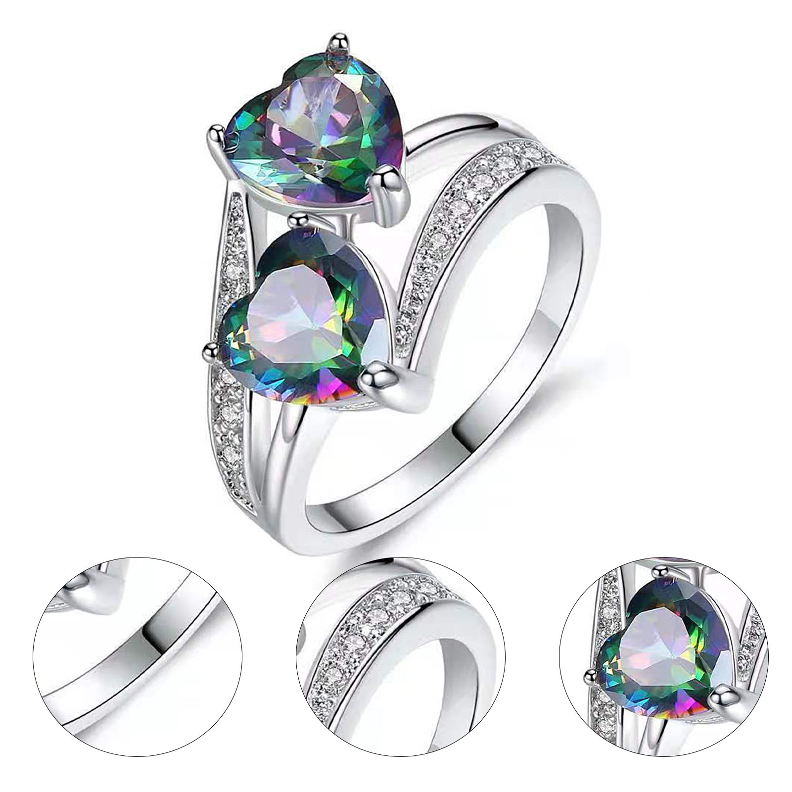 Qianbihe Kvinner Ring Dobbelt Hjerte Glitrende Cubic Zirconia Mote Utseende Fingerbånd for Party-Blue US 6_voghion.com