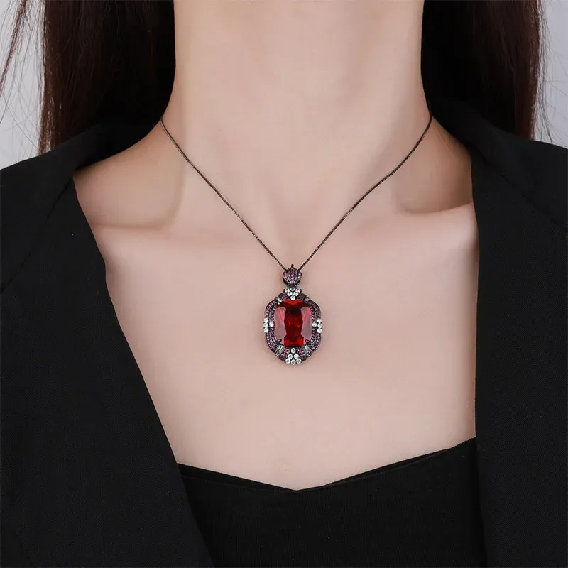 Gemstone Pendant Necklace Rectangular Gold Plated Chain Jewelry_voghion.com
