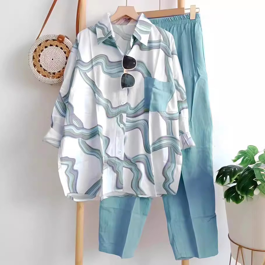 Women’s Clothing Top Suit Women Summer Fat MM Loose Long Sleeved Shirt Trousers