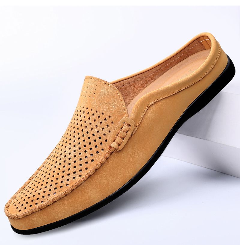 Sommer Slipper Halbschuhe für Herren Leder Slipper Casual Pantoletten Atmungsaktiv Bequeme Halbschuhe Mokassins Gelb Schwarz Beige_voghion.com