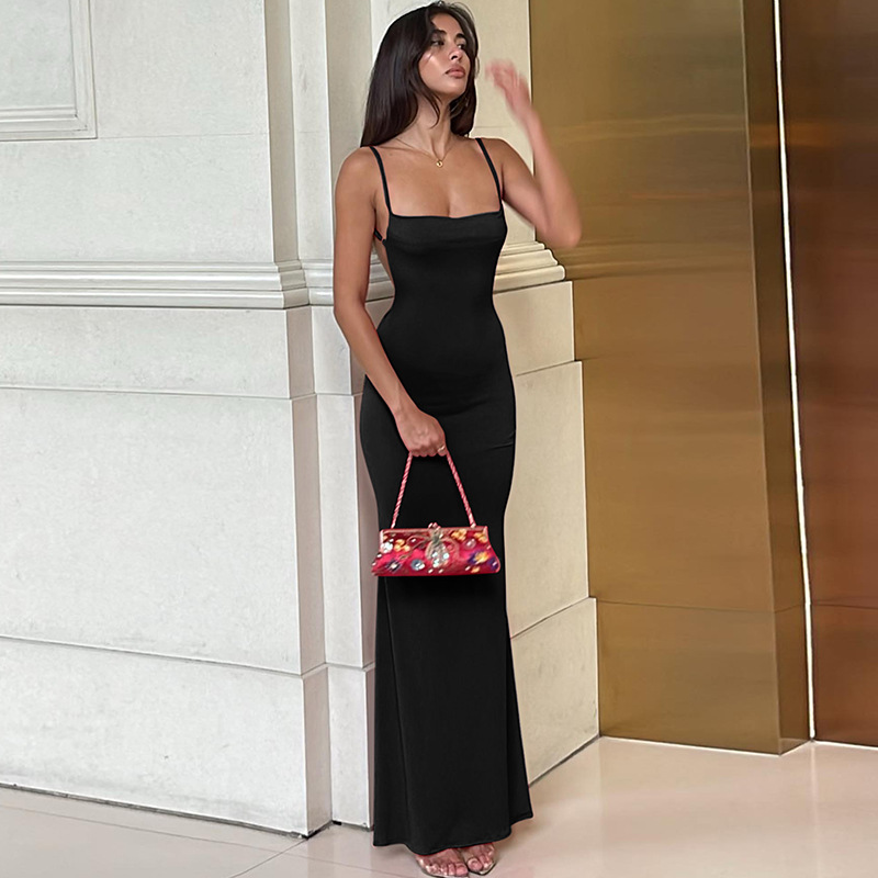 Women's Clothing Sexy Slim Backless Sling Solid Color Dress