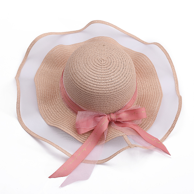 Hats for women, summer mesh straw large brimmed foldable sunshade hats, bow beach hats_voghion.com